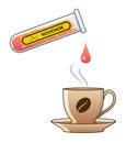 Pink hazardous liquid dripping from a chemical glass flasks into coffee cup, food poisoning. Yellow label with Novichok indicated.